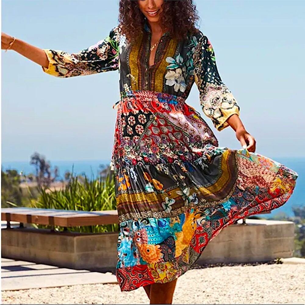 Johnny Was Multicolor Patchwork Floral Midi Dress - Black Base - Picture 12 of 12